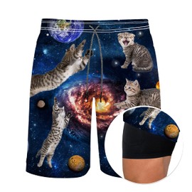 feelacle Space Cat Mens Swim Trunks 9 Inch Inseam Board Shorts Beach Swimwear Bathing Suit with Compression Liner and Pockets 3X-Large