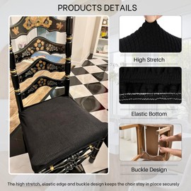 SearchI Stretch Dining Chair Seat Covers Set of 6, Soft Removable Washable Seat Covers for Dining Chairs, Dining Room Seat Cover Protector (Rear-Covered, Black Jacquard 1)