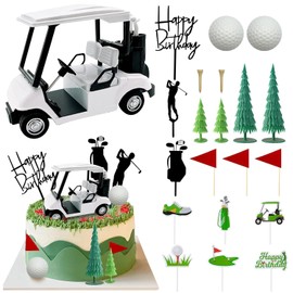 Decoraciones para pasteles de golf con mini carrito, palos, bola, árbol verde, bandera roja, decoración para cupcakes temáticos de golf, suministros de decoración de fiesta de cumpleaños