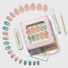 Celebritips Nail Art Press-Ons | Maui, Extra Short Oval Nails with Turquoise Blue Cat-eye French Tip, Reusable Summer Nails| 16 sizes - 32 Nails Kit with Super-hold Nail Glue and Sticky Tabs