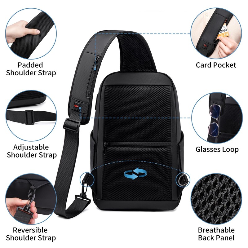 FENRUIEN Mens Crossbody Bag, Water Resistant Sling Backpack for Daily/Travel,