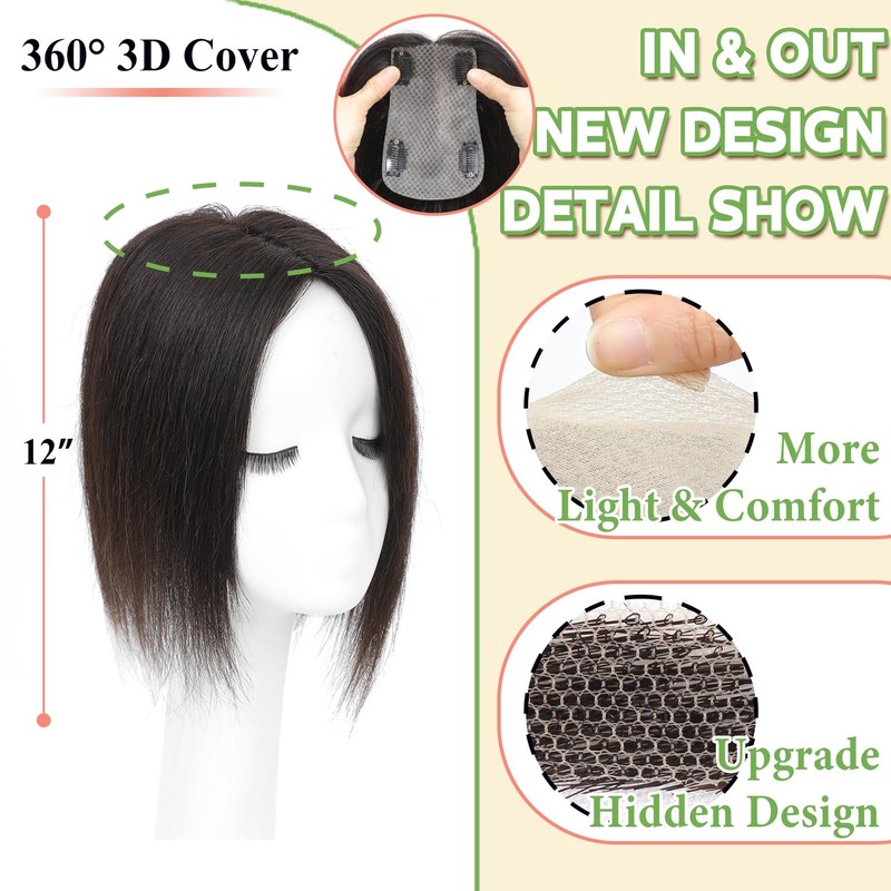 ELEVAVE Hair Toppers for Women Real Human Hair, 12 Inch