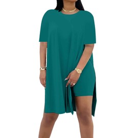 AXOSY Women Plus Size 2 Piece Outfits Short Sleeve Tunic Tops and Skinny Biker Shorts Sets Tracksuits, Peacock Blue, Large