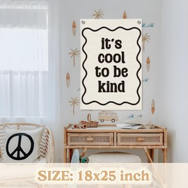 MOFUYU Affirmation Wall Decor It's Cool to be Kind Linen Canvas Banner,Nursery Decor Wall Hanging Flag for Bedroom Playroom Classroom Kids Rroom 18x25 Inch
