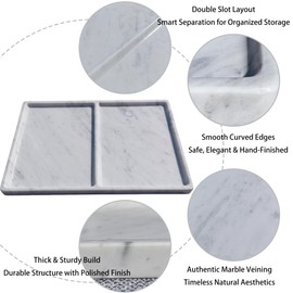 11.81"x7.87" Marble Vanity Tray with Dual Compartments – Catchall Organizer for Jewelry, Cosmetics, Soap – Polished Stone Dresser Tray for Bathroom, Entryway, Office – Calacatta White