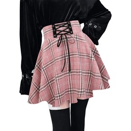 Kinghua Pink Plaid Skirt for Women 2023 Trendy High Waisted A Line Pleated Lace Up Fall Winter Wool Mini Skirt (Pink, Medium)