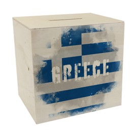 Wooden Money Box with Greece Flag in Used Look - Piggy Bank for Holidaymakers a Beautiful Money Box Decorated with the Greek National Flag to Travel