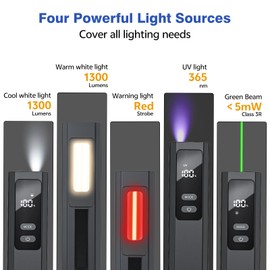 SSPONT EDC Flashlight 4 in1 Magnetic Flashlight High Lumens Work Light with Green Beam & UV & Warning Light Combo EDC Flashlight Rechargeable LT-010 (Black)