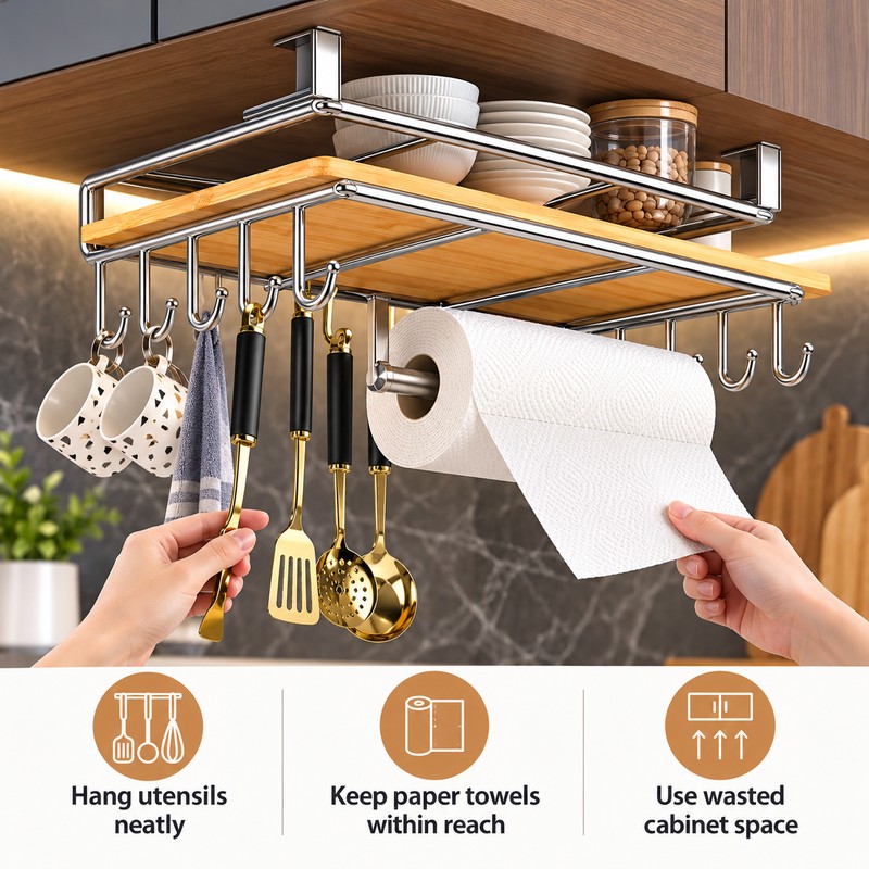Stainless Steel Hanging Kitchen Storage Rack with Hooks – Paper