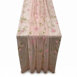 Boho Sheer Table Runner , Pink Tulle Table Runner with 3D Floral Embroidery, Romantic Blush Gauze Table Cloth for Wedding Bridal Shower Valentine's Day Decor 30 x 120 Inches