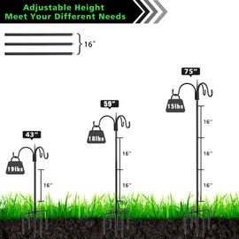 FEED GARDEN [Upgrade Version 76 Inch Three Shepherd Hooks for Outdoor,Bird Feeder Pole with 5 Prong Base, Adjustable Shepard Hooks for Hanging Plant, Solar Lanterns, Wind Chimes, 2 Pack