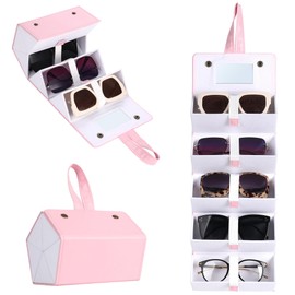 Muf Travel Sunglass Organizer, 5-Slot Leather Case for Multiple Sunglasses, with Mirror & Strap, Storage for Oversized Glasses for Men & Women, Light Pink