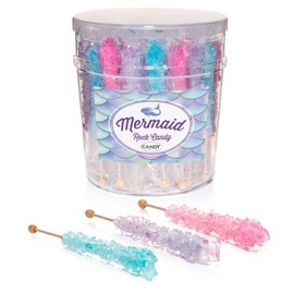 Candy Envy - Mermaid Rock Candy Sugar Sticks - 36 Individually Wrapped Treats - Pink, Light Blue, Lavender Party Favors