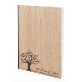 Notebook with Wooden Cover in A5 - Tree of Life - Real Wood Notebook for Writing in Wood Cover 192 Blank Pages 90 g, Wood Type: Oak