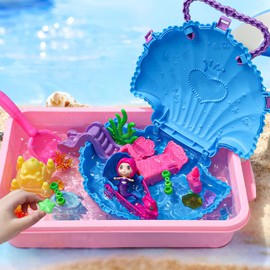 G.C Ocean Mermaid Sensory Bin for Girl Kid Toy, 2lb Play Sand/Large Sea Shell/Sandbox/ 6 Castle Molds/Figures, Mermaid Sensory Toys Christmas Birthday Gift for Toddlers Girls Age 3 4 5 6 7 8