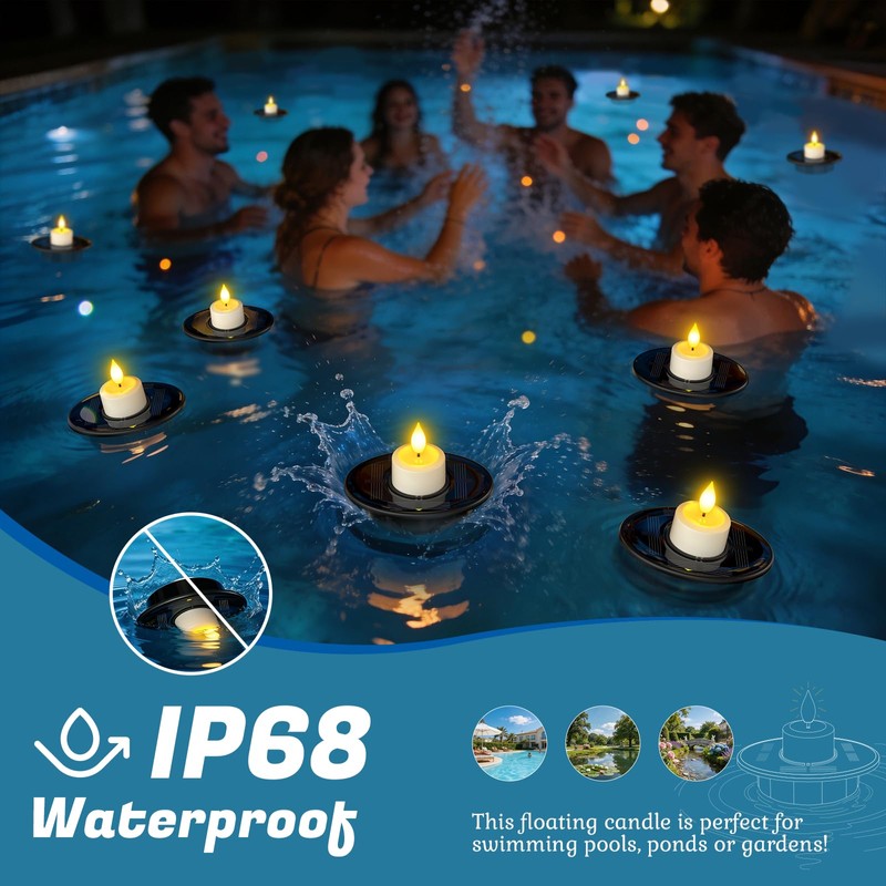 PChero Solar Floating Pool Lights, IP68 Waterproof Outdoor Tea Lights,
