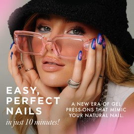 Lost Angels 3D Press On Nails - Heart Charm Blue & Pink 3D Gel Art - Thank You, Next - Cute Press On Nails Almond Medium Length - Easy Kit with Adhesive Tab or Glue - 30 Count, 15 Sizes