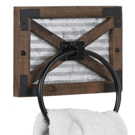 Autumn Alley Farmhouse Hand Towel Ring for Bathroom with Bracket - Bath Towel Rings Holder - Towel Rings for Bathroom Wall Mounted Decor Mix of Wood, Galvanized Metal & Black Rings