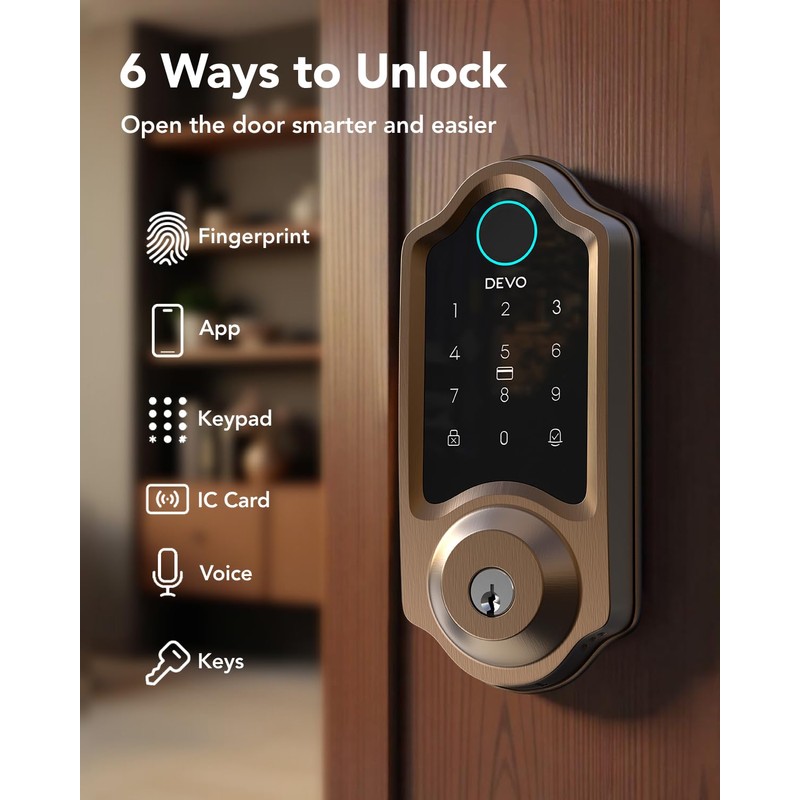 Devo G8 Smart Lock, Fingerprint Door Lock with Code, 6-in-1