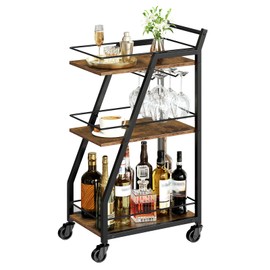 YATINEY Bar Cart, Bar Cart for The Home, Small Bar Cart on Wheels, Beverage Cart, Home Bar Serving Cart with Glass Holder, Drink Cart for Bar, Kitchen, Rustic Brown and Black BC03BR