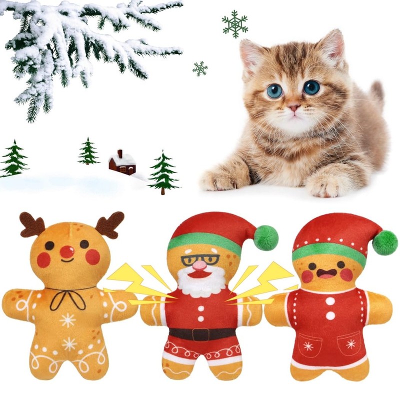 3-Piece Gingerbread Catnip Toy Set, Cat Teething Plush Gifts, Kitten