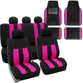 FH Group FB036115 + F14501 Striking Striped Seat Covers (Pink) Full Set w. Carpet Floor Mats – Universal Fit for Cars Trucks & SUVs