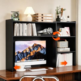 Desktop Bookshelf, 43”Adjustable Office Desktop Organizer Shelf, Countertop Storage Hutch with 4 Shelves for Computer Desk, Adjustable Desk Hutch, Wooden Desktop Bookcase (Black)