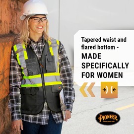 Pioneer Safety Vest for Women With Pockets - Hi-Vis Reflective Tape - For Construction - Black