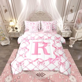 Erosebridal 7Pcs Letter R Bed in A Bag Twin Size with Bow Design Cute Preppy Bowknot Comforter Set with Sheets Pink Bow Coquette Sheets Set with Comforter