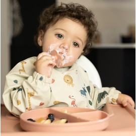 Minifolk Long Sleeved Waterproof Coverall Bib | 6 to 24 Months | Messy Play Bib | Wipeable Washable | UK designed | Toddler Apron | Baby Bib | Weaning Bib | Child Bib (Safari)