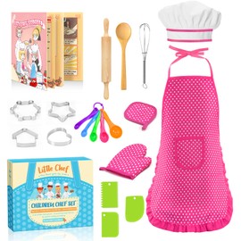 Toyze Gifts for 3-8 Year Old Girls, Kids Apron for Girls Kids Cooking Set, Toddler Apron for Kids Chef Hat and Apron, Toys for 3-12 Year Old Girls 20Pcs Pink- with Cookbook