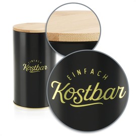 com-four® 2 Piece Storage Container Set with Bamboo Lids - Metal Food Storage Box - Kitchen Organiser - Metal Lettering Containers (02 Pieces - Black/Gold)