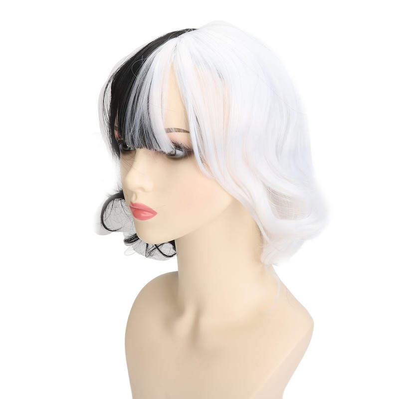 Black White Wig with Bangs Adjustable Breathable Net Synthetic Short