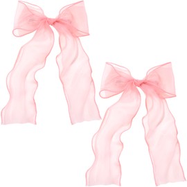 STSTR STSTR 2Pcs Large Hair Bow Clips, Pink Silk Yarn Ribbon Bow Hair Barrette for Women, Elegant Long Tail Bowknot French Hair Accessories for Wedding, Parties, Festivals - Style 4