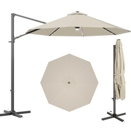 Devoko 10ft Solar LED Patio Umbrella, Round Cantilever Outdoor Umbrella with Solar Lights and 360-Degree Rotation, Large Hanging Offset Market Umbrella with Easy Tilt for Patio Deck Garden,Beige