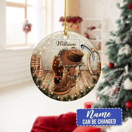 wowcugi Cowboy Ornament for Christmas Tree Custom Name Customized Western Ornaments Ceramic Cowboys Boots Ornaments Xmas Tree Decoration Keepsake Gifts for Men Boys
