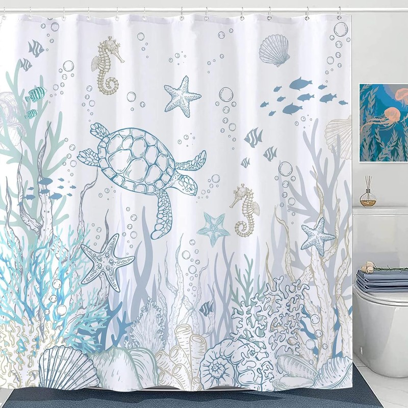 Nautical Coastal Turtle Shower Curtain, Coral Starfish Seashell Ocean Themed