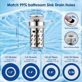 Bathroom Sink Stopper with Hair Catcher, Universal Pop-Up Drain Strainer for 1.1"–2.36" US Standard Sink Drain Hole, Anti-Clog Basin Stopper with Removable Stainless Steel Strainer Basket (Slant Bore)