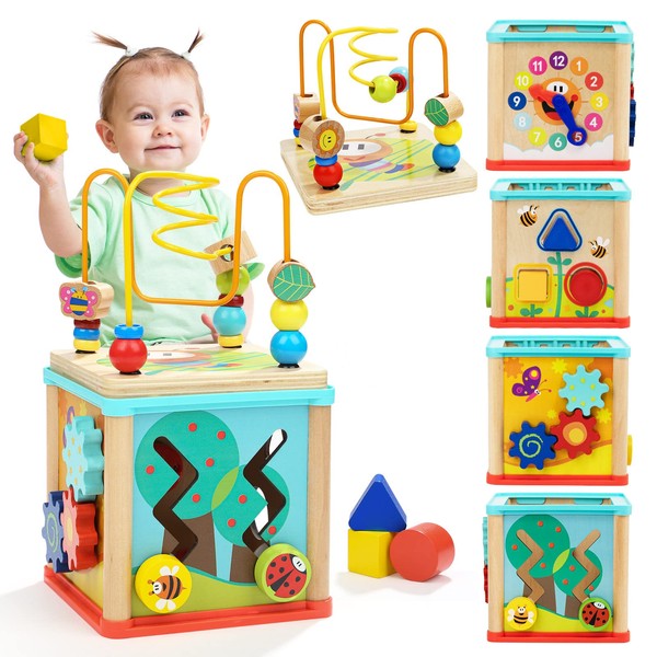 TOP BRIGHT Wooden Shape Sorter Activity Cube Toys for 1 Year Old Baby - 1st Birthday Gifts for Girl and Boy 12 Months Plus