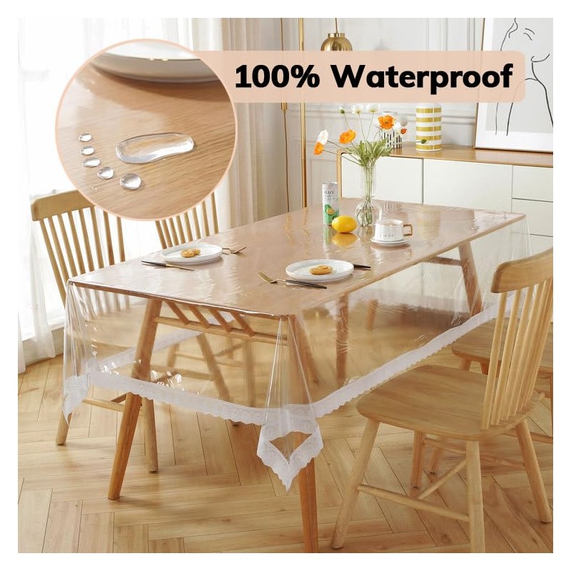 PVC Lace Table Cloth, Clear Waterproof Plastic Table Cover with
