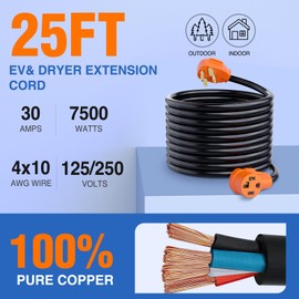 Nilight 25FT EV Dryer Extension Cord 4 Prong 30 Amp NEMA 14-30P 14-30R Old Dryer Extension Cable Heavy Duty 10 Gauge Pure Copper Wire UL Listed 125/250V for Level 2 EV Charging