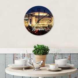 15" Silent Non-Ticking Wall Clocks Battery Operated Skyline Houston' City Landscape Wooden Wall Decor for Bathroom Texas Cityscape Pictures USA Custom Round Wood Wall Clock Rustic for Indoor New Home