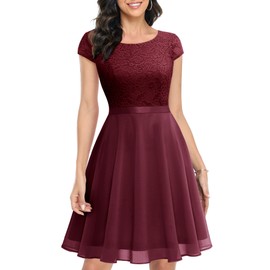 UOTORI Women's Cocktail Dress Short Evening Dress Elegant Lace Dress Chiffon Round Neck Wedding Dress, burgundy