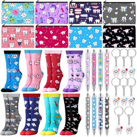 Glitopper 32 Pcs Novelty Dental Hygienist Gifts Set Include Teeth Ballpoint Pens Teeth Crew Socks Dental Assistant Makeup Bags Tooth Shape Keychains Cute Dentist Gift Bulks for Nurse Women Girls