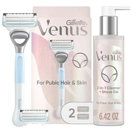 Gillette Venus Juego de afeitado para cabello y piel púbica, maquinilla de afeitar para mujer, 1 mango + 2 repuestos de cuchilla + limpiador 2 en 1