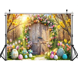 WOLADA Easter Backdrop Easter Wooden Door Forest Backdrop Outdoor Forest Easter Egg Backdrop Easter Children's Photo Backdrop 7x5FT FW92