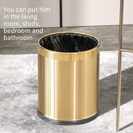 LEASYLIFE 2.6Gallon/10L Brass Bathroom Trash Can，Brushed Gold Bathroom Waste Basket，Golden Small Garbage Can, Waste Basket for Bedroom,Office，Store，Metal Trash bin Without lid (Gold)