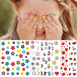 winthrop 24 Sheets Nail Stickers for Kids, Cute Nail Art Decals for Little Girls, 3D Self-Adhesive Flowers Fruits Leaves Rainbow Hearts Mermaid Snow Nail Decoration for Women, DIY Manicure Supplies Accessories