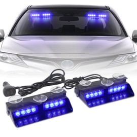XRIDONSEN 2 in 1 Blue Emergency Dash Strobe Lights Warning Safety Flashing Interior Windshield Lights w/Suction Cups for Ambulance Volunteer Firefighter Police Vehicles Trucks (2×7.16 inch, 16 LED)