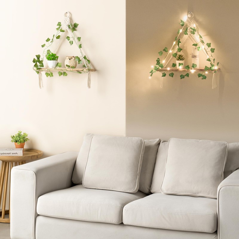 Mkono Artificial Ivy Macrame Hanging Shelves with Lights Set of
